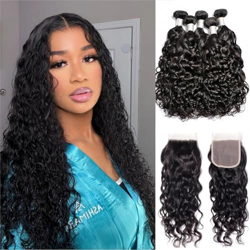 Brazilian Water Wave 5Bundles(50g/bundle) with 4x4 Lace Closure, Wet and Wavy Bundles Human Hair, Long Curly Bundles Human Hair with Free Part Closure (20/20/20/20/20+20)