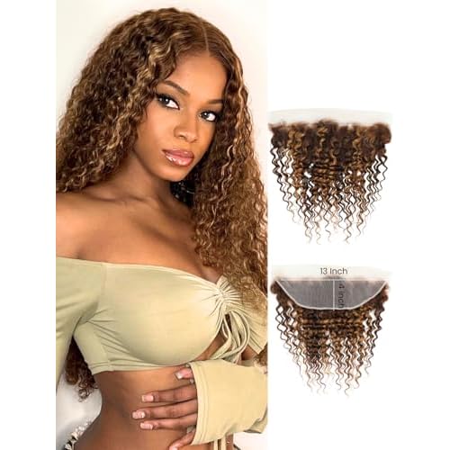 Honey Blonde Highlight Deep Wave 13x4 Lace Frontal Closure Only Human Hair 20In, 12A Virgin 100% Hand Tied Ear to Ear Ombre Brown HD Transparent Frontal Pre Plucked P4/27 Curly Lace Frontal Remy