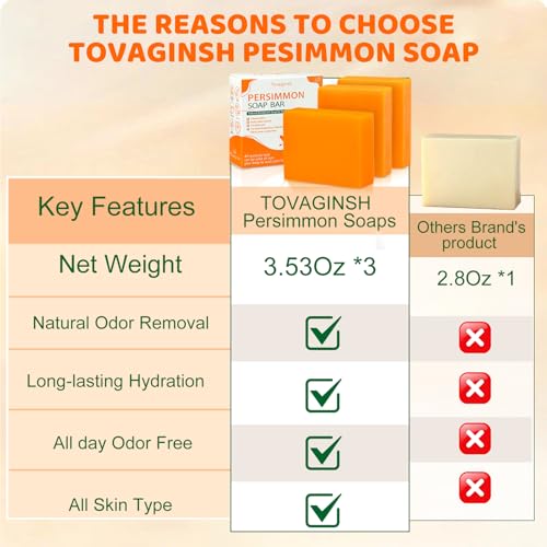 3Pack Natural Persimmon Soap Bar for Body Odor Control, Organic Deodorant Body Persimmon Bar Soap for Old People Smell, Remove Odor Bath Body Wash for Women & Men