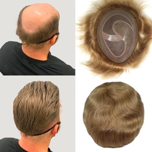HAPPY&CC Mens Toupee Human Hair System Piece for Men Fine Mono with Pu Skin Base Peluquines Para Hombre Hair Replacement Men's Toupee Wig 8x10 Inch #21 Bonde