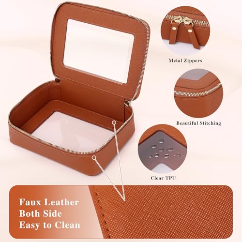 Clear Makeup Bag Set Travel Cosmetic Bag and Toiletry Bag Women's Purse Pouch Cosmetic Stroage Organizer Case with Zipper Car Essentials (Brown, M+Mini)