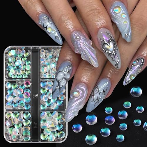 3D Aurora Bubble Beads Nail Art Charms, Mixed Sizes Iridescent Shiny Dewdrop Water Droplets Resin Flatback Rhinestones for Nail Crystals Design Nail Art Jewels Accessories DIY Nail Supply