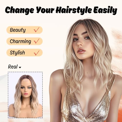Ombre Blonde Ash Wavy Wigs Human Hair Medium Length for Women Natural Looking Heat Resistant Dark Roots for Party Daily Use (Blonde,18 Inch)