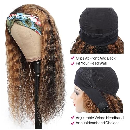 Rebasar Blonde Curly Headband Wig Human Hair Colored Highlight Deep Wave 26 Inch Headband Wigs for Black Women Brazilian Virgin Human Hair Glueless Wear and Go Ombre No Lace Front Wig 4/27 Brown