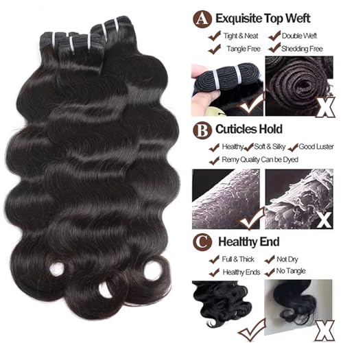 Human Hair Extensions - Body Wave Bundles, 100% Unprocessed Brazilian Virgin Hair, 3 Bundles, Wavy, Black, Sew-In Installation, 26-30 Inch