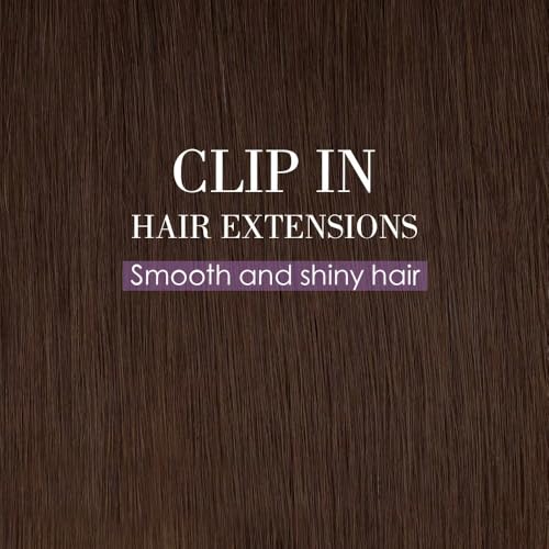 Remy Hair Extensions clip ins Hair Etensions for Women ailiceehr Dark Brown Double Weft Natural Hair Extensions Straight 8Pcs Soft and Thick 14inch 75g.