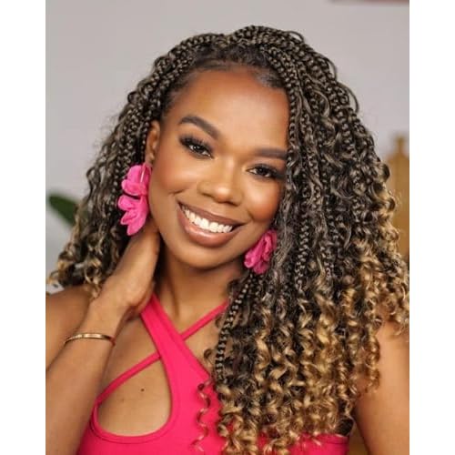 Short Boho Braided Wigs for Black Women Glueless Double Full HD Lace Human Hair Blended Braid Wig with Bohemian Curly Ends Goddess Boho Box Braids Wig (Dark Brown, 16 Inch)
