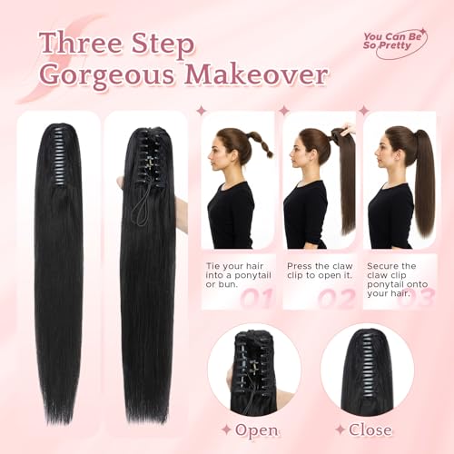 Human Hair Claw Clip Ponytail Extension 100% Real Human Hair Clip-In Extensions for Women Long Straight Pony Tails 22 Inches 120g #01 Jet Black