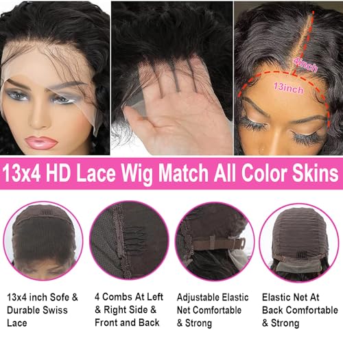 26 Inch Deep Wave Human Hair Lace Front Wig for Women 13x4 HD Transparent Lace Frontal, 180% Density Glueless, Pre - Plucked with Baby Hair in Natural Color