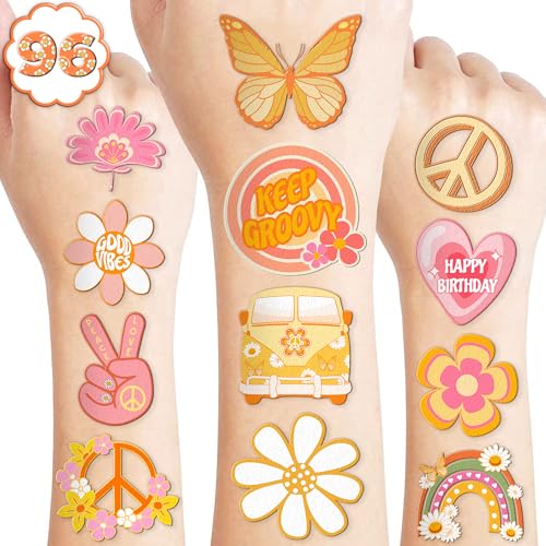 96 PCS Two Groovy Retro 60s 70s Pre-Cut Temporary Tattoos for Kids | Super Cute Themed Birthday Party Favors, Supplies, Decorations, Fake Tattoo Stickers (Multiple)