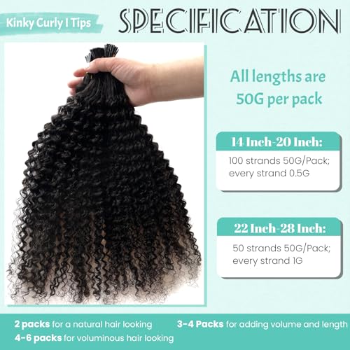 I Tip Hair Extensions Human Hair Kinky Curly Natural Black Hair Extensions Real Human Hair Pre Bonded Keratin Cold Fusion Curly Hair I tip Extension for 3C 4A Hair Black Women 100 Strands 14 Inch