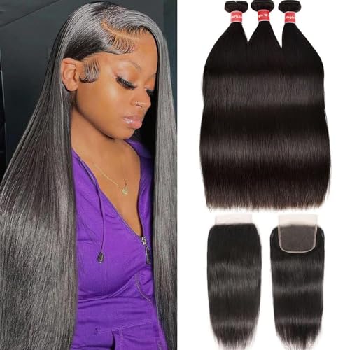 12A Bundles with Closure Human Hair Straight 3 Bundles with Lace Closure 100% Unprocessed Brazilian Human Hair Bundles with Closure Straight Hair Weave Bundles with Closure Human Hair 20 22 24+18