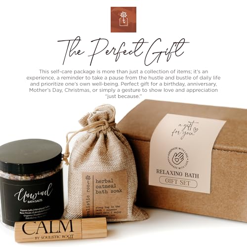 Soulistic Root Relaxing Bath Gift Set, Luxury Spa Gifts for Women, Self Care Products for Women and Men, Calm Essential Oil Roller, Oatmeal Lavender Bath Soak & Epsom Salts with Essential Oils