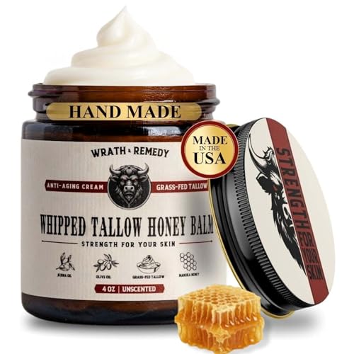 Organic Beef Tallow for Skin - 4 OZ (Unscented) ? Grass Fed Beef Tallow for face + Body ? US-Made Whipped Tallow and Honey Balm Moisturizer for Dry and Sensitive Skin, Eczema, Rosacea (No Additives)