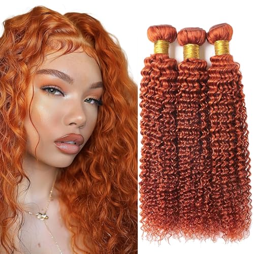 Ginger Orange Kinky Curly Bundles Human Hair Color 350 Curly Human Hair Bundles 8a Grade Double Weft Remy Hair Wet and Wavy Bundles Soft and Silky for Black Woman (24 26 28 inch,3 Bundles)