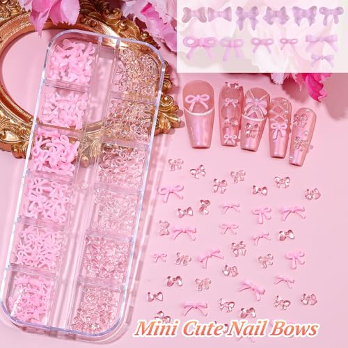 5 Boxes 3D Nail Charms Set,24Pcs Y2k Alloy Nail Art Rhinestone Charms 3D Bow Flower Crown Heart Star with Tweezers and Dual-end Brush for Manicure Salon DIY Crafts,Face Makeup Gems Jewels (Pink)
