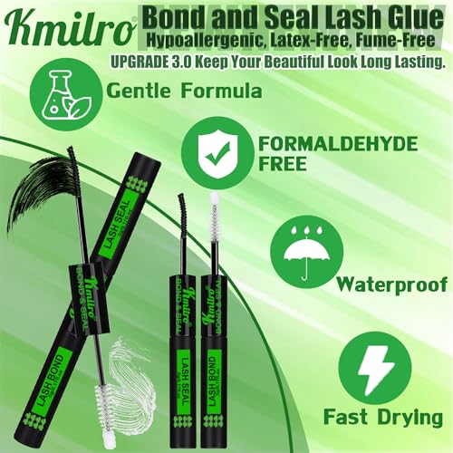Lash Cluster Glue Bond and Seal Waterproof Eyelash Glue Upgrade 150Hours Strong Hold Long-Lasting 2 in 1 Lashes Bond and Seal Eyelashes Clusters DIY at Home Latex-Free for Sensitive Eyes, by Kmilro