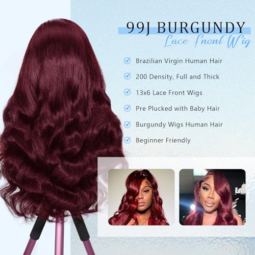 13x6 Burgundy Body Wave Lace Front Wigs Human Hair Pre Plucked 200% Density 99j Burgundy Wig Human Hair HD Lace Front Wig Glueless Red Wigs for Black Women Human Hair Bleached Knots 30 inch