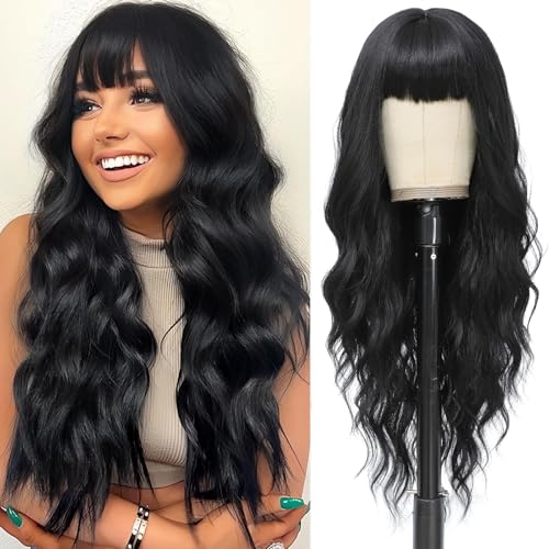 MINLEE Black Wig with Bangs for Women 26 Inch Long Wavy Wig Natural Black Hair Wigs Heat Resistant Synthetic Wig for Daily Party Use
