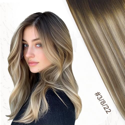 XDhair Clip in Hair Extensions Human Hair 120g 20 Inch 6pcs Balayage Color 3 Darker Brown to 8 Ash Brown and 22 Golden Blonde Double Drown Clip in Hair Extensions(20¡±, 3/8/22)