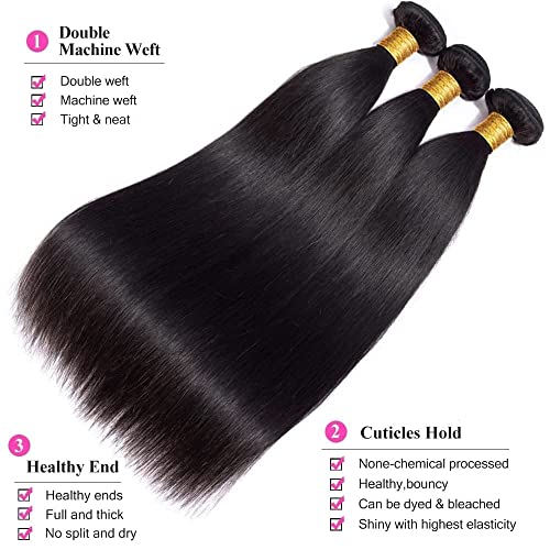 10A Brazilian Straight Human Hair Bundles with 2x6 Closure 20 22 24+18 Inch 100% Unprocessed Straight Virgin Hair Weave Bundles Human Hair with 2x6 HD Lace Closure