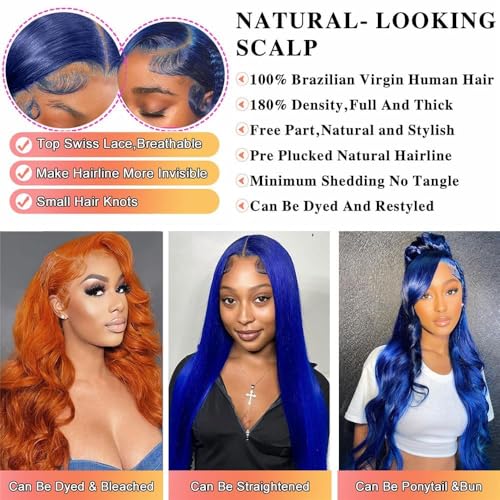 Body Wave Blue Lace Front Wigs Human Hair 30 Inch 13X4 HD Royal Blue Lace Frontal Wig Wear and Go Glueless Dark Blue Wig Human Hair Pre Plucked with Baby Hair Navy Blue Colored Wigs For Black Women
