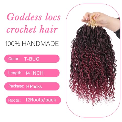Goddess locs crochet hair, 9 packs soft boho faux locs with curly ends bohemian crochet dreads for black women(14Inch,#Tbug)