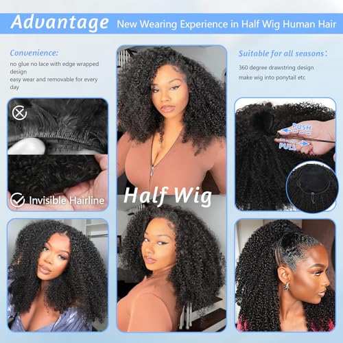 24 Inch Kinky Curly Half Wig Human Hair 200 Density 3 In 1 Seamless Flip Over Half Wig Beginner Friendly Glueless Drawstring Headband Wig for Women