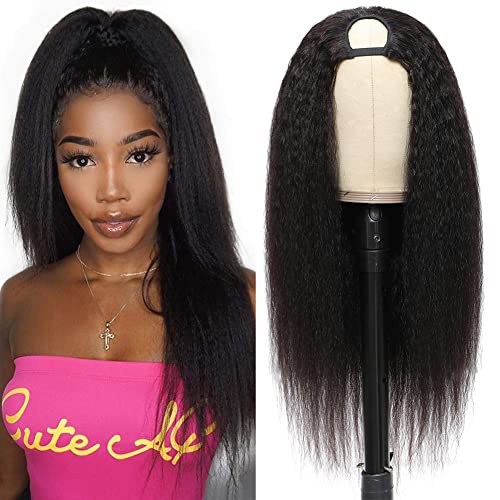 Urbeauty U Part Wig Human Hair Kinky Straight Human Hair Wigs, 22 inch Half Wig Italian Upart Human Hair Wigs for Black Women Upgraded U Shape Clip in Wigs Yaki Straight