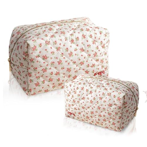 2-Piece Handmade Cotton Quilted Makeup Bag Set, Floral Cosmetic & Skincare Organizer Zippered Pouch for Women & Girls, Travel Toiletry Bag for Essentials,Rose