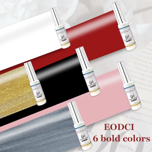 Gel Liner Art Polish Set 10ml, 6 Colors Black White Red Pink Glitters Gold Silver, Nail Polish Paint Swirl Built Thin Brush in Bottle Soak off Uv Gel Nail Art Liner Set