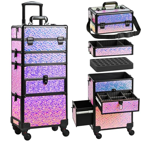 Makeup Train Case with Drawer, Rolling Makeup Case, Cosmetology Case on Wheels, Gift, Large Makeup Case Organizers, Professional for Salon Barber, Nail, Tattoo, Black Colourful