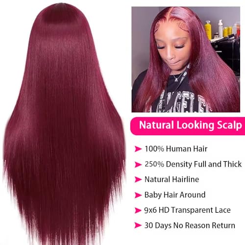 250% Density Flexi-Fit Invisi Drawstring Wig 9x6 Glueless Wigs Human Hair Pre Plucked Pre Cut Straight Hair Wigs 99j Burgundy Lace Front Wigs Human Hair for Women 28 Inch