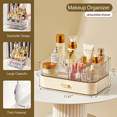 Makeup Organizer with Stackable Drawer, Cosmetic Storage Display Case for Vanity, Bathroom Countertop or Dresser,Counter top Holder for Lipstick, Brushes, Lotions, Eyeshadow, Nail Polish