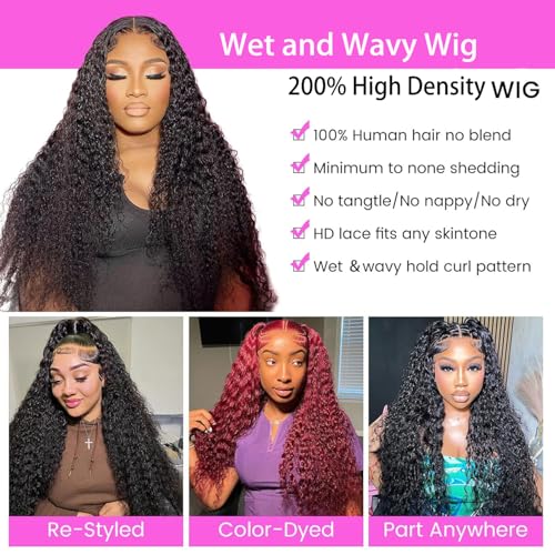Water Wave Lace Front Wigs Human Hair Pre Plucked Bleached Knots Wet and Wavy 13x6 HD Lace Frontal Wigs for Black Women 200% Density Brazilian Remy Human Hair (Water Wave Wig, 30 Inch)