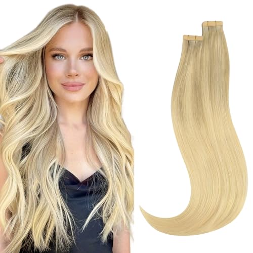 HOTBANANA Tape in Hair Extensions - 22 Inch 40pcs 100g Ombre Ash Blonde to Golden and Platinum Blonde Human Hair - Straight Remy Tape Extensions