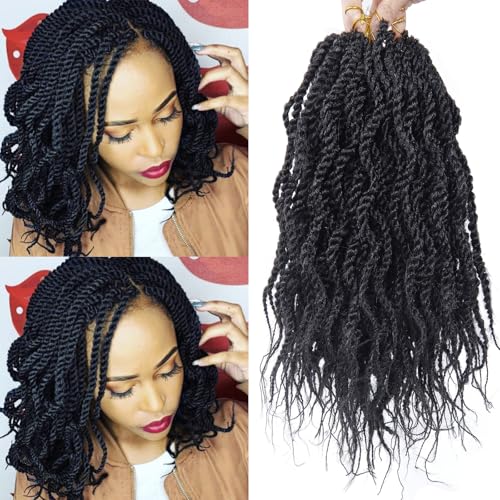 14Inch Wavy Senegalese Twist Crochet Hair Braids Wavy Ends Synthetic Hair Extension Curly Crochet Twist Braiding Hair (8Packs,#1B)