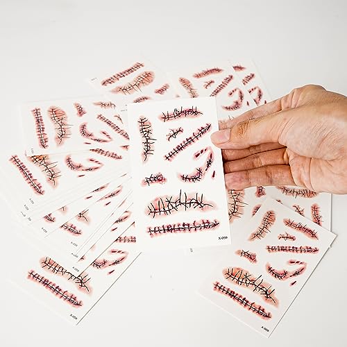 20 Sheets Halloween Zombie Temporary Tattoos - NEDEQI Chucky Scar Fake Blood Tattoos Waterproof Realistic Stitches Wound Temp Tattoo for Chucky Cosume Prank Makeup Cosplay Kids Men Women Adults
