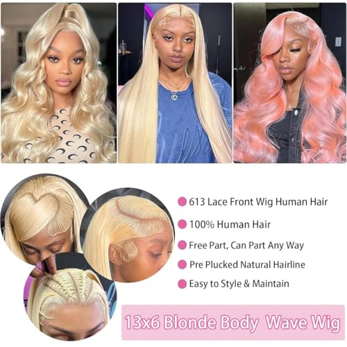 613 13x6 Lace Front Wig Human Hair 200 Density Blonde Wig Human Hair 613 HD Lace Frontal Wigs Human Hair Pre Plucked 613 HD Lace Frontal Wig Straight Glueless(32 Inch)