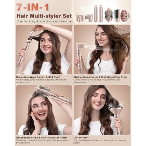 7MAGIC 7 in 1 Hair Styler & Hair Dryer Brush, 110,000 RPM High-Speed Blow Dryer with Negative Ions for Frizz-Free Styling Fast Drying Curling Volumizing Straightening, Hot Air Styler with Travel Case