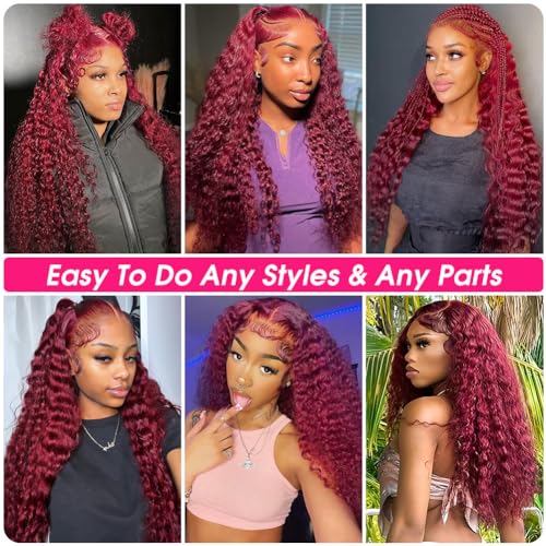 Hedy 99J Burgundy Deep Wave Human Hair Wigs for Women Pre Plucked with Baby Hair Glueless 13x6 HD Transparent Curly Lace Front Wigs Human Hair 180% Density Deep Wave Lace Frontal Wigs 22 Inch