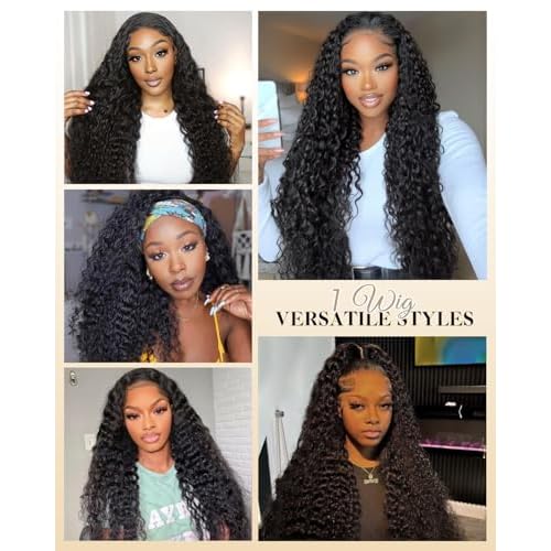 Deep Wave Half Wig Human Hair 200% Density 3 in 1 Half Wigs for Women, Invisible Hairline Glueless Wear & Go Beginner Friendly Drawstring Seamless Flip Headband Wig, 28 Inch
