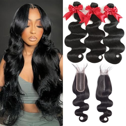 12A Human Hair Bundles with 2x6 Closure 20 22 24 with 18 Inch Brazilian Body Wave 3 Bundles Human Hair with 2x6 HD Lace Closure 100% Unprocessed Virgin Human Hair Weave