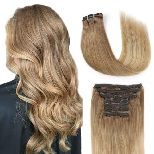 Lovrio 22 inch 140g balayage clip in hair extensions Ash Brown/Light Chestnut Brown Fading to Dirty Blonde and Platinum Blonde B8-18-60 7 pieces 18 clips