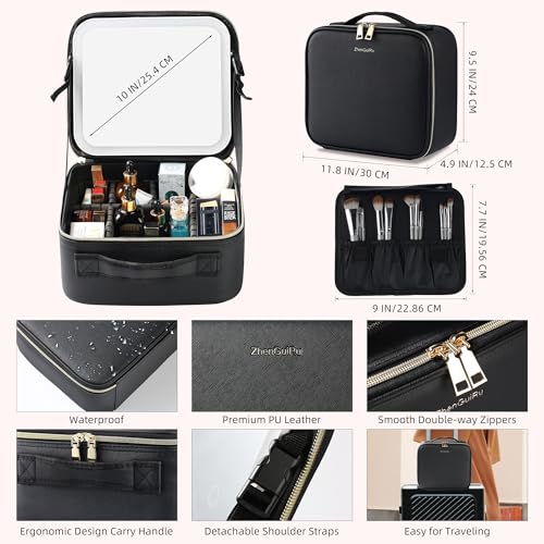 Travel Makeup Bag with LED Mirror ? Waterproof Cosmetic Train Case with Adjustable Dividers, Portable Makeup Organizer and Toiletry Bag for Women, Teens & Girls Gift, Black