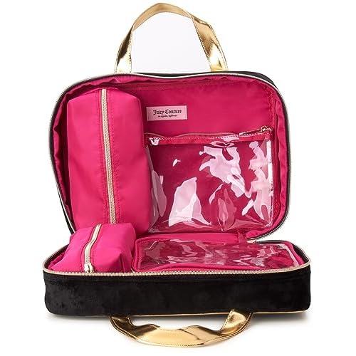 Juicy Couture Black Makeup Bag Cosmetics Organizer Travel Essentials Weekender Velour Rhinestone Gold Trim