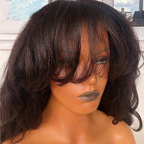 200% Yaki Wavy Human Hair Wigs with Bangs Full Machine Made Wig Brazilian Virgin Human Hair Yaki Wave Wig Scalp Top Wig For Black Women Natural Color 20 Inch