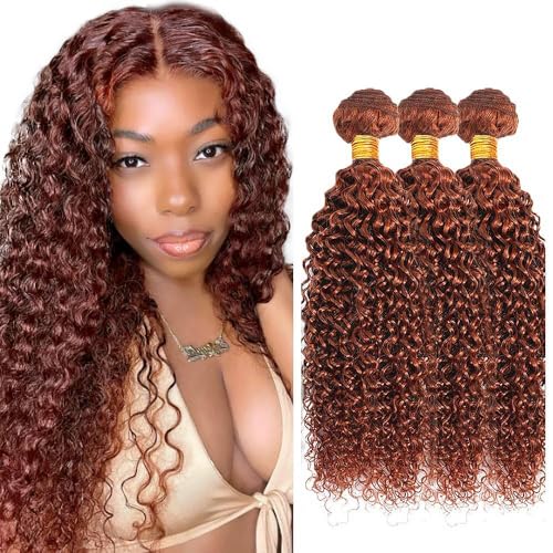 Reddish Brown Human Hair Bundles Curly Wave Color #33 Copper Red Brown Wet and Wavy Unprocessed Native Virgin Raw Trippy Hair Extensions 3 Bundles 16 18 20 Inch Quick Weave Double Weft for Black Woman