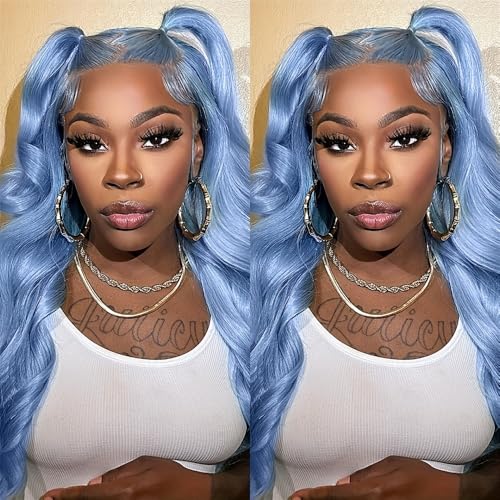 Lake Blue 13x4 Body Wave Lace Front Wigs Human Hair 180 Density UHD Transparent Lace Front Wigs Human Hair Pre Plucked Pre Cut Lace Glueless Wig Virgin Colored HumanHair Wigs For Women 20inch