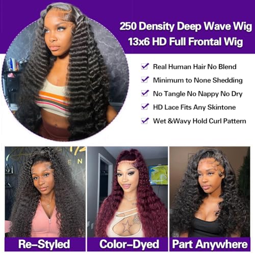 30 Inch 250 Density Deep Wave Wig 13x6 Deep Wave HD Lace Front Wigs Human Hair For Women, Pre Plucked, Tangle Free, Minimal Shedding, Full Volume 330g, Natural Look For Daily Wear